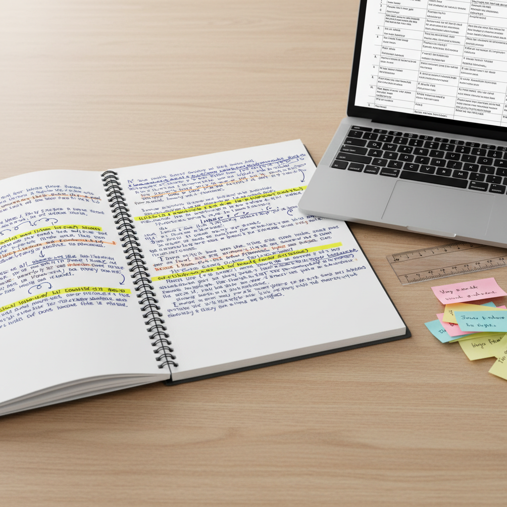 A close-up of a clean, white notebook spread open on a light oak tabletop, its pages filled with meticulously annotated paragraphs in dark blue ink, arrows connecting ideas, and neatly highlighted thesis statements. Nearby, a slim silver laptop shows a structured outline with headings and bullet points. A clear acrylic ruler and color-coded sticky notes frame the composition. Soft overcast daylight from an unseen window creates even, diffused lighting with minimal shadows, emphasizing clarity and order. The photographic image is captured from a slightly elevated angle using the rule of thirds, conveying an organized, methodical mood that reflects the process of planning and structuring academic writing for college assignments.